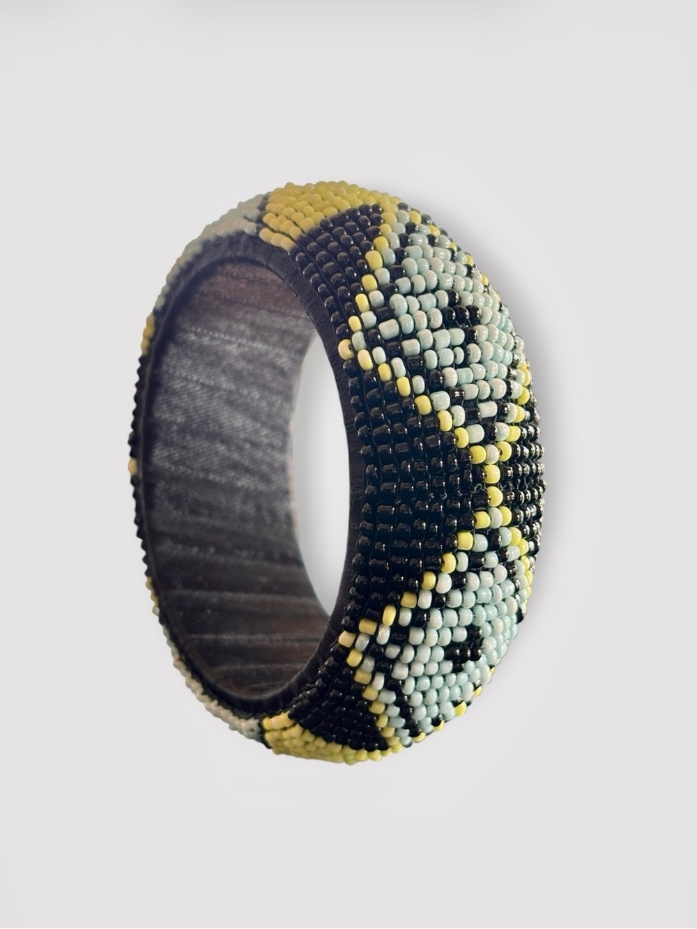 Beaded Cuff Bracelet in Black, Yellow & Light Blue Geometric Design 8”